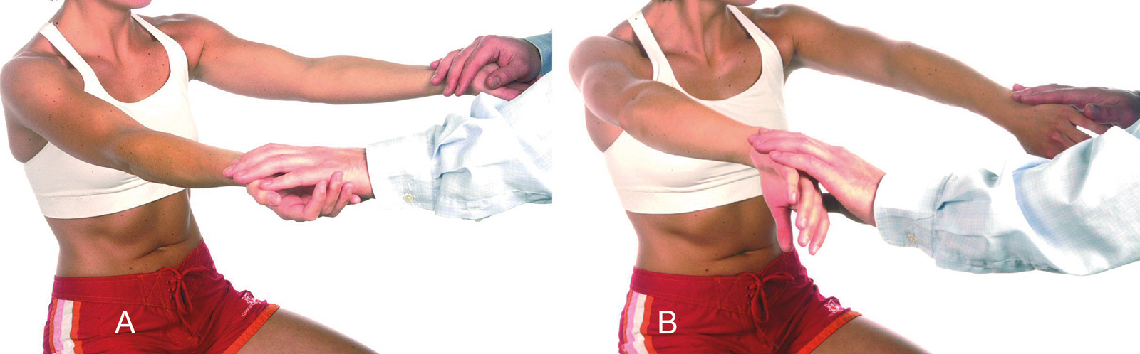 Abb. 2-17: Speed Test: Schmerz deutet auf eine Affektion der langen Bicepssehne hin (A), O‘Brien-Test: Schmerz weist auf eine SLAP Läsionen (Schmerz in der Tiefe) oder AC-Gelenk-Arthrose (oberflächlicher Schmerz) hin (B)